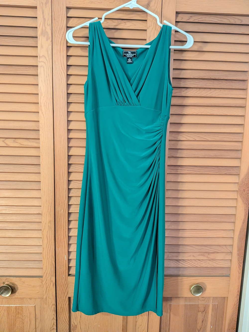 American Living Green Sleeveless V-Neck Ruched Dress
